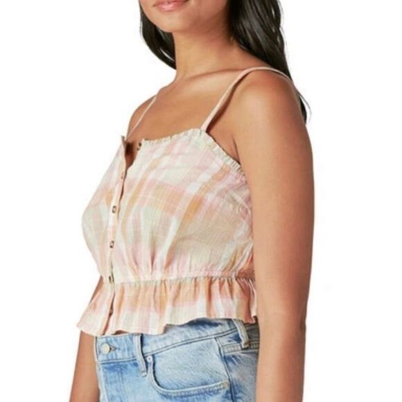 Lucky‎ Brand Plaid Peplum Cami Top Sleeveless Blouse Ruffle Trim - Picture 2 of 8